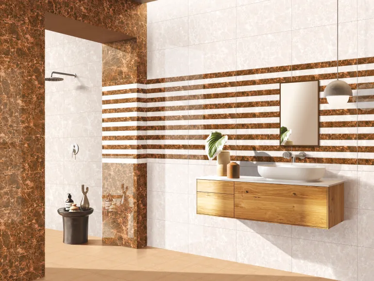 Emperador Marble Strips for elegant marble bathroom design with sink and cabinet